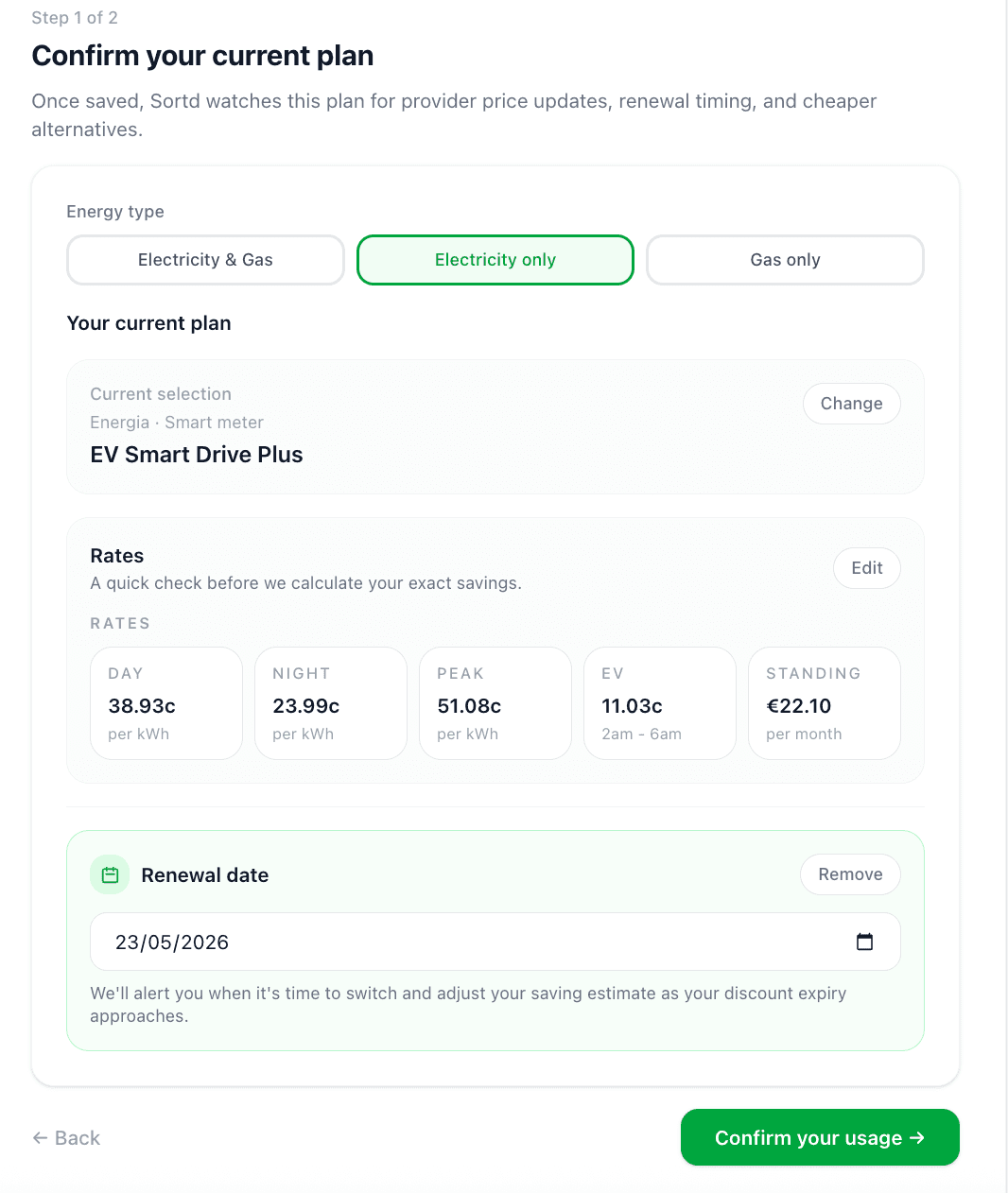 Sortd onboarding — confirm your current energy plan
